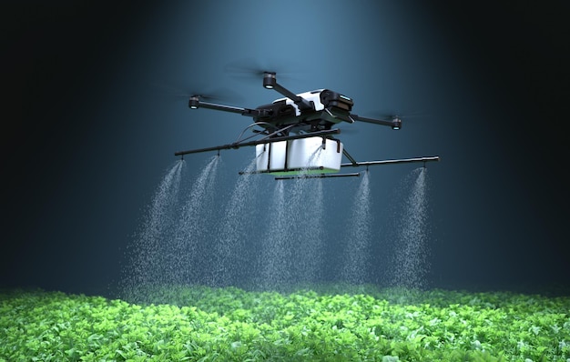 Drone sproeit kunstmest op plantaardige groene planten Landbouwtechnologie Boerderijautomatisering