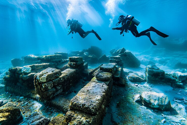 Gratis Foto duiker onder de zee omringd door ruïnes van archeologische gebouwen