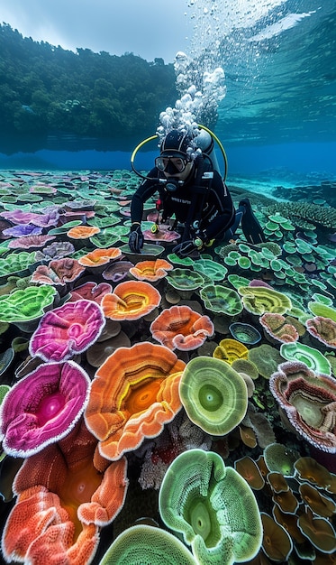 Gratis foto duiker onder zee omringd door wilde natuur