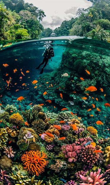 Gratis foto duiker onder zee omringd door wilde natuur