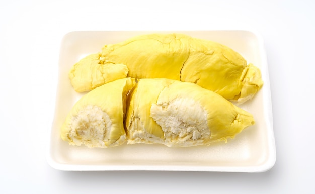 Durian koning van vruchten op een witte achtergrond.