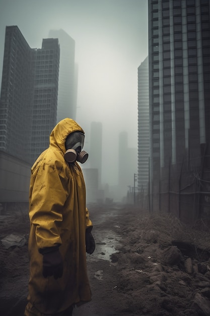 Dystopische scène met verwoest landschap en apocalyptische sfeer