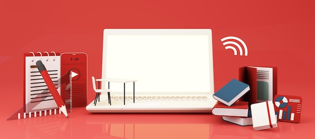E-learning concept met laptop en wi-fi symbool omgeven door graduate cap, open boeken, ballon, liniaal, statistische grafiek, potlood en vergrootglas op rode en blauwe kleurtoon 3d render