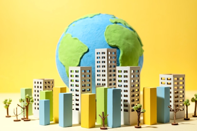 Earth globe in papieren stijl met gebouwen