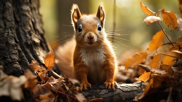 Eekhoorn in het herfstbos Mooie rode eekhoorn met blauwe ogen