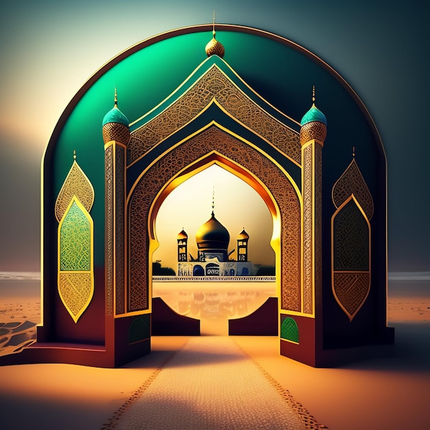 Een 3D illustratie van een moskee met een poort in het midden.