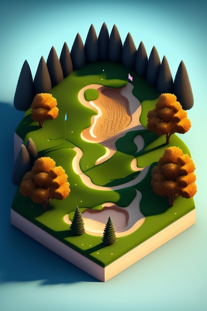 Gratis foto een 3d-model van een golfbaan met bomen op de top.