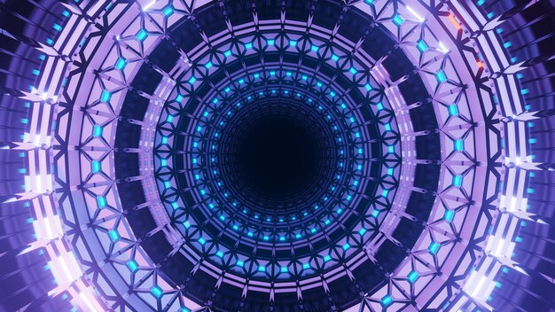 Een 3D-weergave van een futuristische achtergrond met ronde vormen en paarse neonlichten