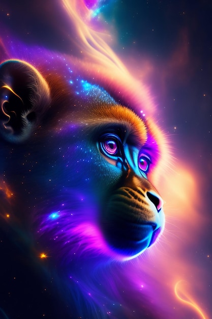 Een aap met paarse ogen kijkt omhoog naar de lucht.