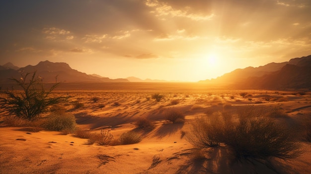 Gratis foto een adembenemende zonsondergang die gouden tinten werpt over de uitgestrekte woestijnvlakte