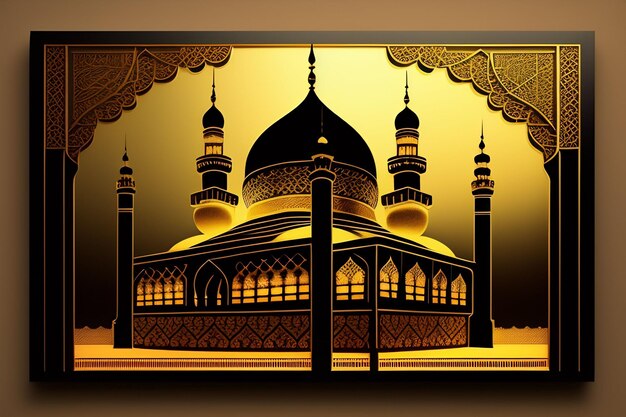 Een afbeelding van een moskee met een gouden achtergrond en de woorden ramadan op de bodem