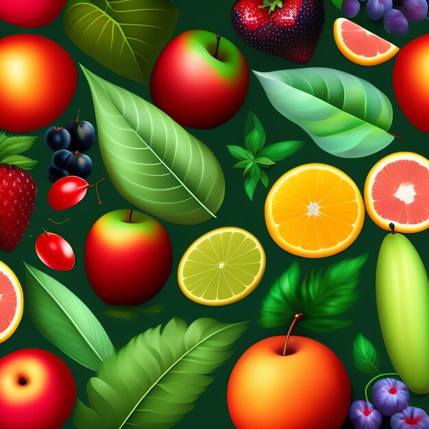 Een afbeelding van fruit, waaronder een fruit en een blad waarop fruit staat