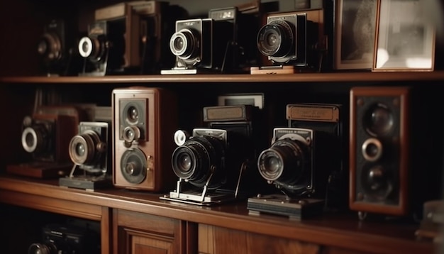 Een antieke camera op een houten tafel een nostalgisch stilleven gegenereerd door AI