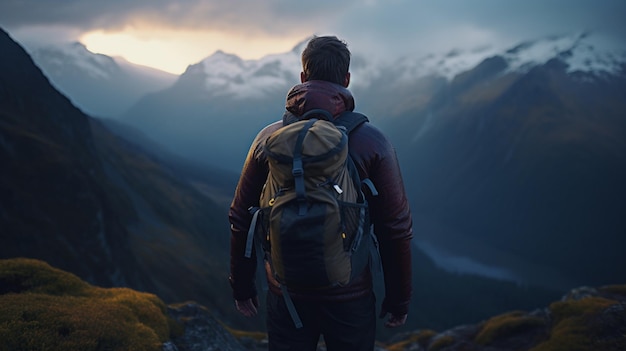 Een avonturier die een landschap bewondert