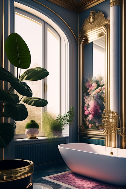 Gratis foto een badkamer met een wit ligbad en gouden accenten