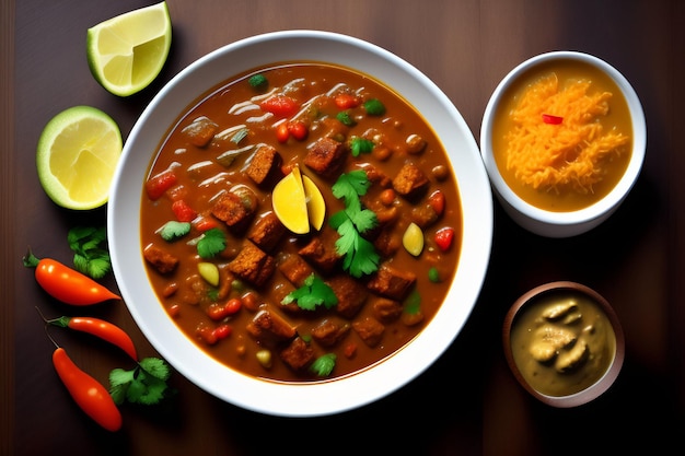 Een bakje curry met daarnaast een bakje kerriesaus.