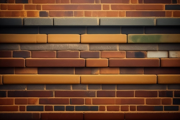 Een bakstenen muur met verschillende kleuren en een witte.