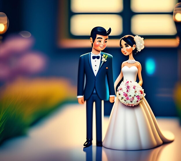 Een beeldje van een bruid en bruidegom met een boeket bloemen.