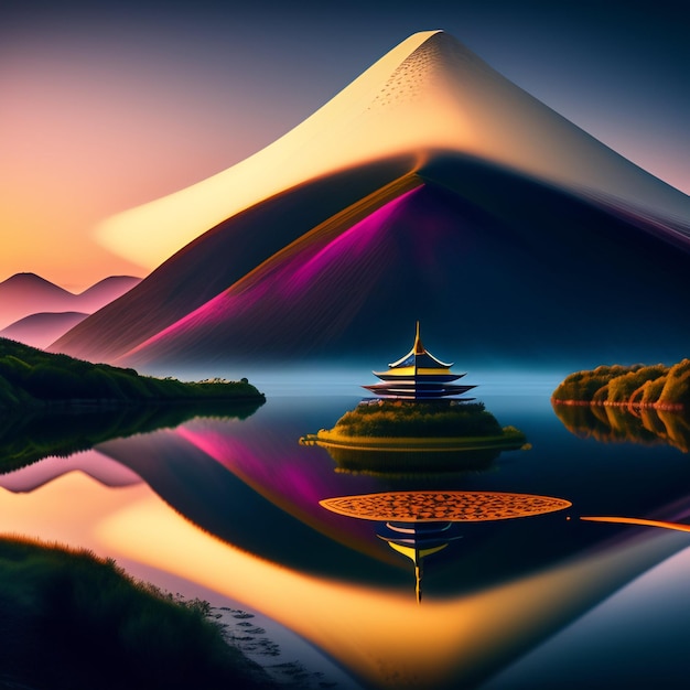 Gratis foto een berg met een pagode erop wordt verlicht door een paarse zonsondergang.