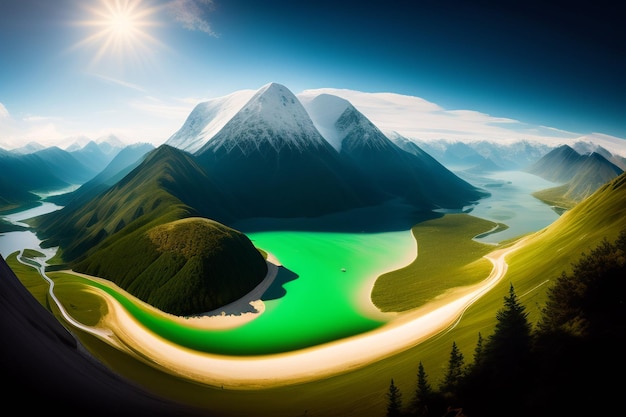 Een berglandschap met een groene berg en een blauwe lucht