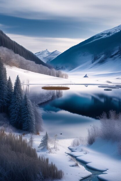 Een besneeuwd landschap met een meer en bergen op de achtergrond.