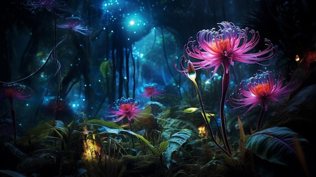 Gratis foto een bioluminescerend schouwspel terwijl de jungle tot leven komt met gloeiende flora en fauna in de mystieke tw