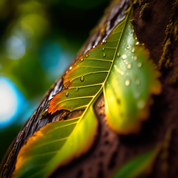 Gratis foto een blad met waterdruppels erop hangt aan een boom.