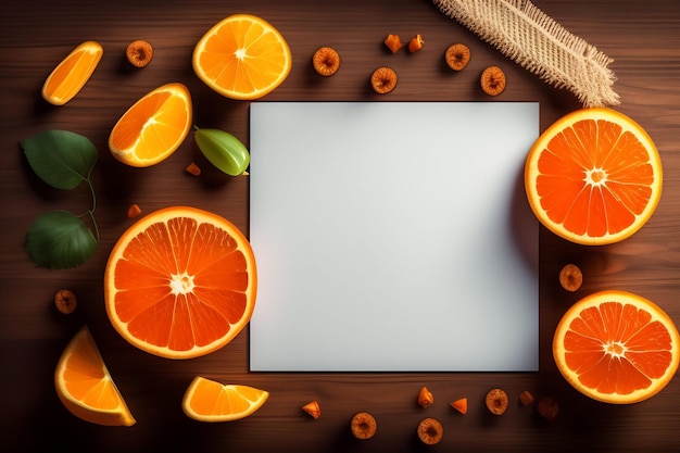 Gratis foto een blanco wit papier met sinaasappels en noten eromheen