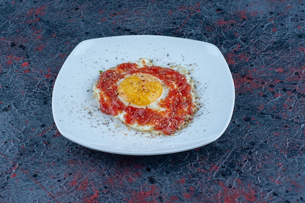 Een blauw bord gebakken ei met kruiden en tomatensaus.