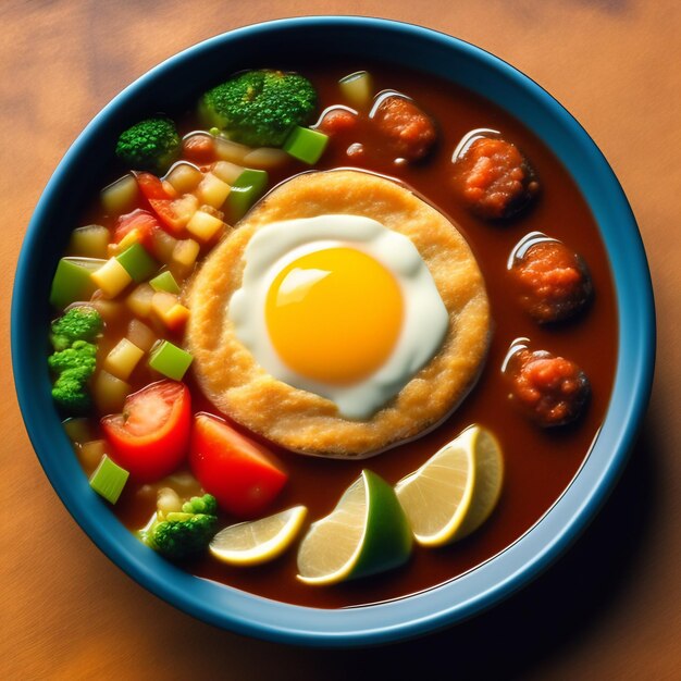 Een blauw bord met een schaal eten met een gebakken ei erin.