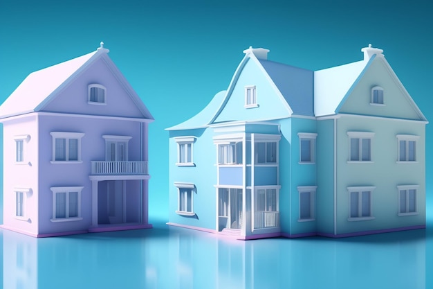 Een blauw huis met een wit dak en links een blauw huis