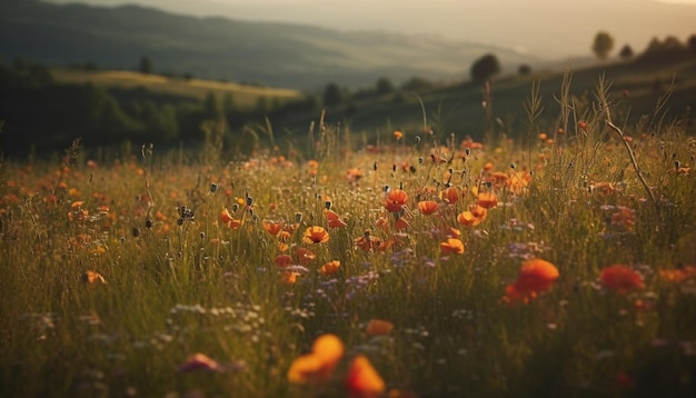 Gratis foto een bloemenveld met een berg op de achtergrond