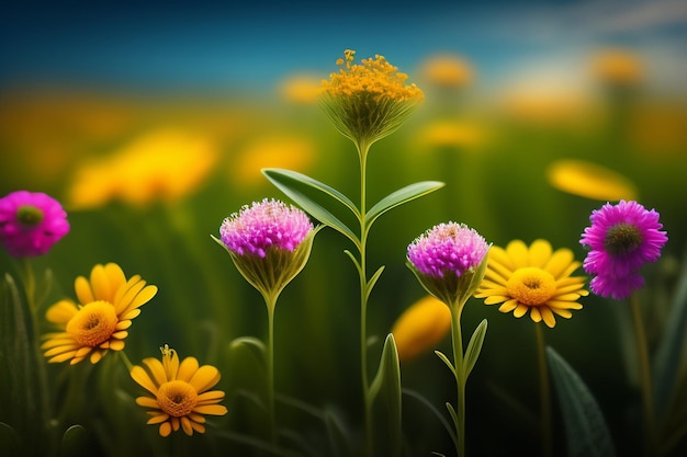 Gratis foto een bloemenveld met een blauwe achtergrond