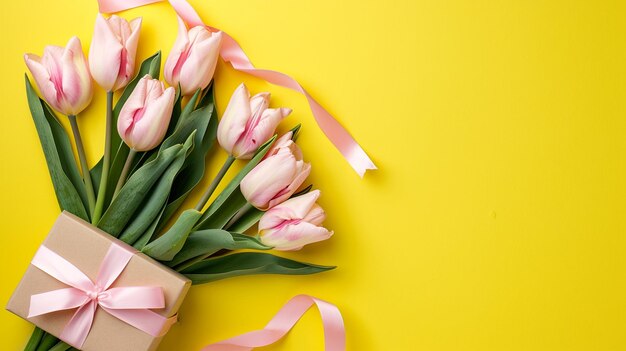 Een boeket tulpen en een cadeau op een gele achtergrond