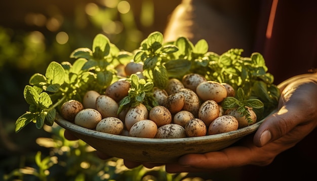 Een boer met een mand met vers biologisch fruit, gegenereerd door kunstmatige intelligentie.