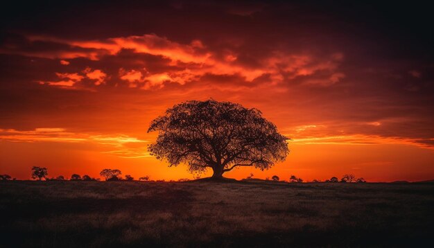 Een boom in een veld met een rode lucht en de zon erachter