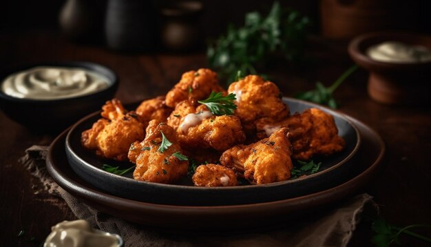 Een bord buffelkippenvleugels met een kant van ranchdressing