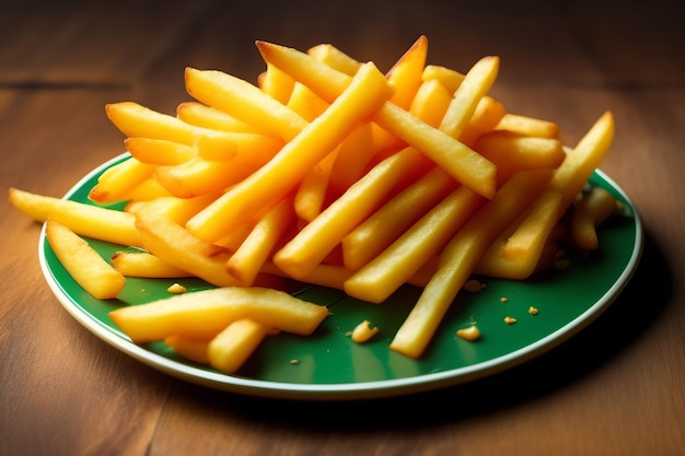 Een bord frietjes op een houten tafel.