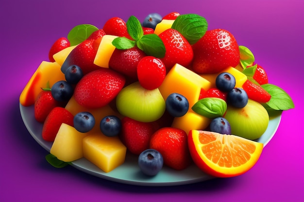 Gratis foto een bord fruit op een paarse achtergrond