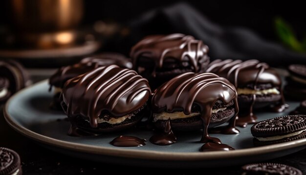 Een bord gourmet chocolade dessert een zoete verwennerij gegenereerd door kunstmatige intelligentie