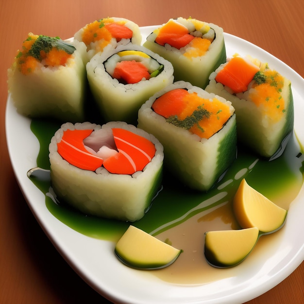 Gratis foto een bord sushi met groene saus en stukjes sinaasappel.