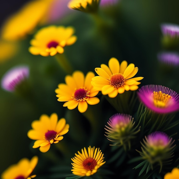 Gratis foto een bos bloemen met een paars en geel hart en een paarse bloem.