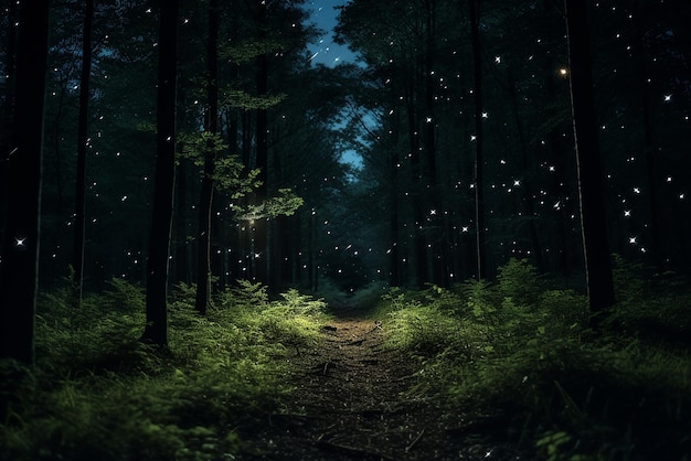 Een bos vol heldere vuurvliegjes 's nachts
