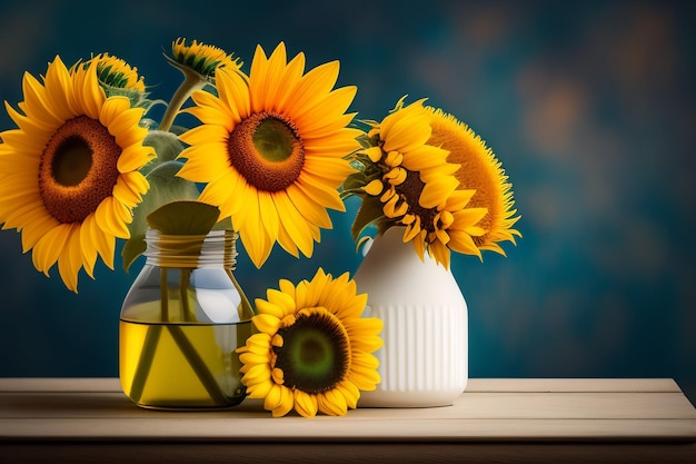 Een bos zonnebloemen staat op een tafel met een blauwe achtergrond