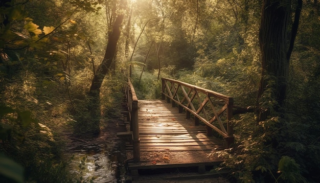 Een brug in het bos waar de zon op schijnt