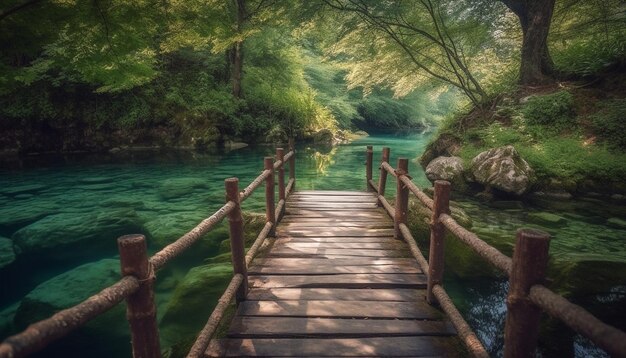 Een brug over een rivier met een groen bos op de achtergrond