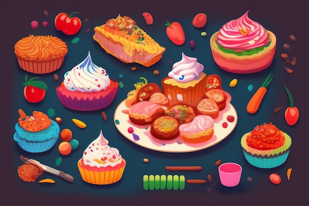 Gratis foto een cartoon van een tafel vol met eten, waaronder een verscheidenheid aan desserts.