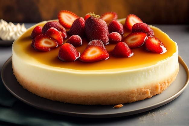 Gratis foto een cheesecake met aardbeien erop