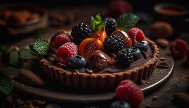 Een chocoladetaart met fruit erop