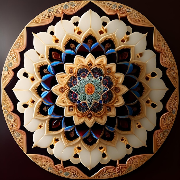 Een cirkelvormig kunstwerk met een bloemmotief erop.